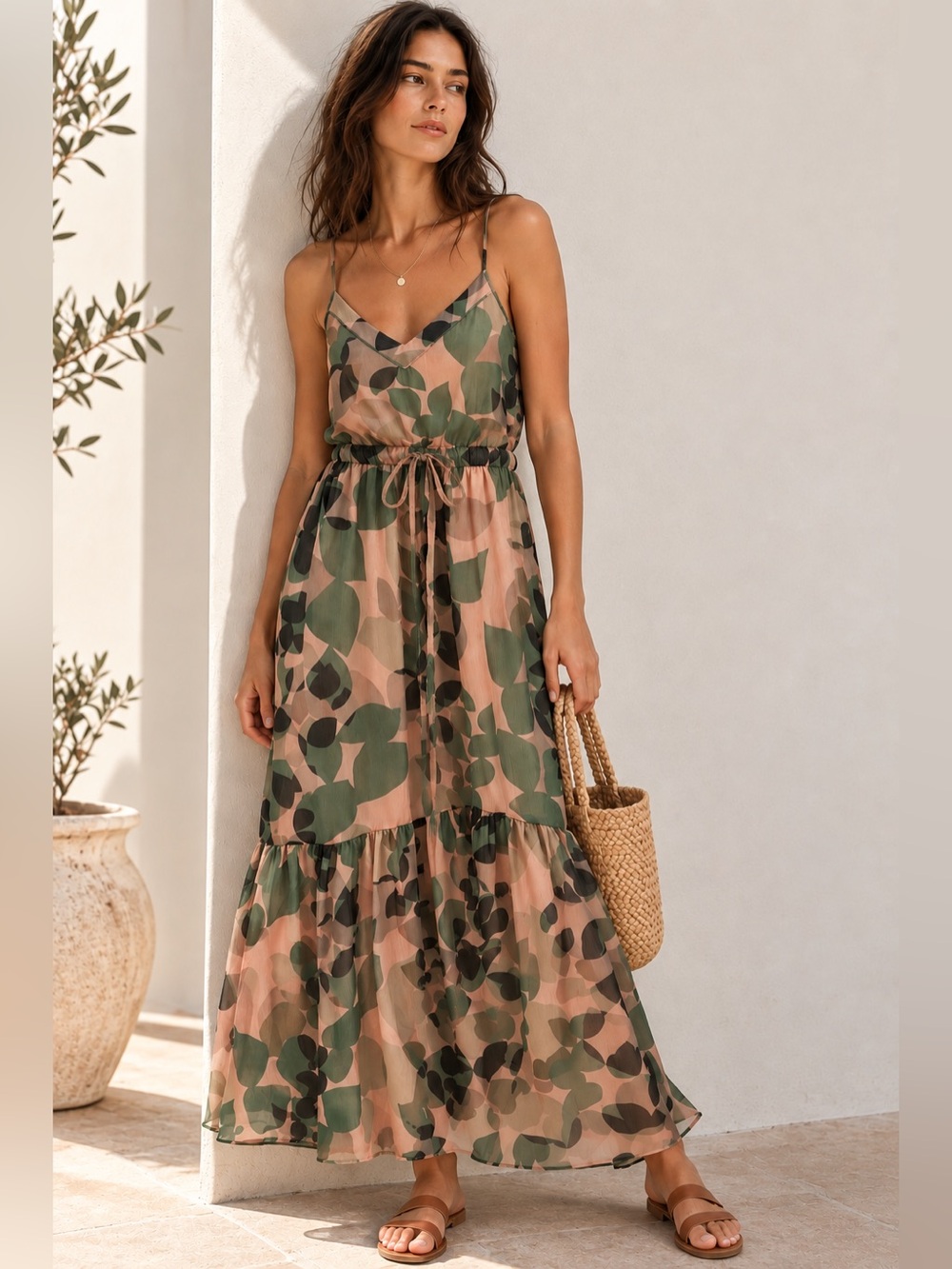 Gap Fall Floral Botanical Print Tiered Maxi Dress Spaghetti Strap Size Small
